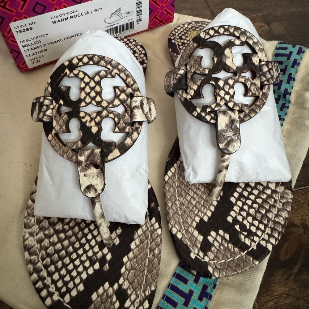 Tory Burch Warm Roccia Snake-Print Miller Thong Sandals - Metallic Brown/Black